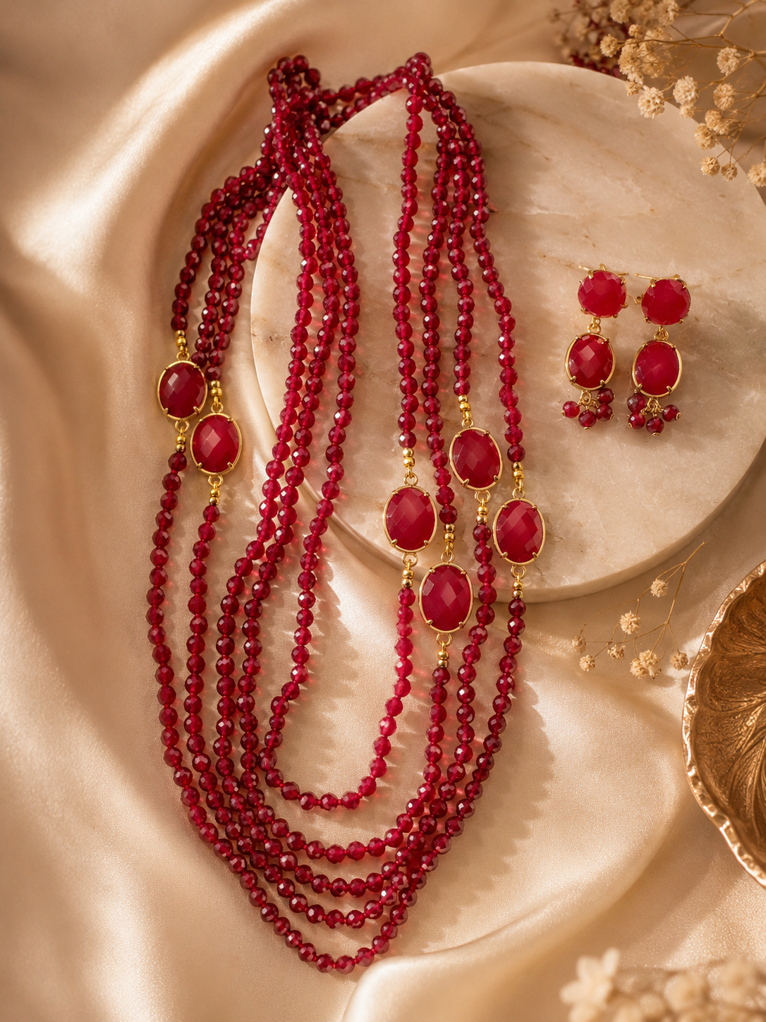 Ensemble Thalia - 3 rangs de perles en RUBIS du CACHEMIRE polies
