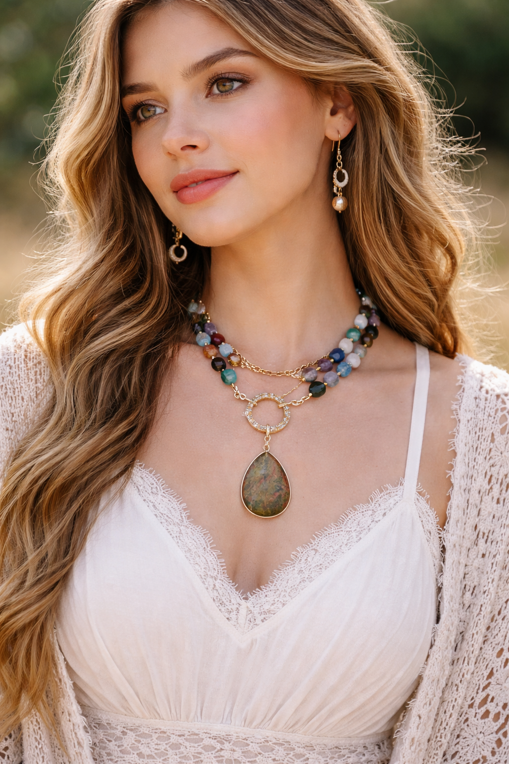 Collier Amaya - Multi Pierres et pendentif en Unakite
