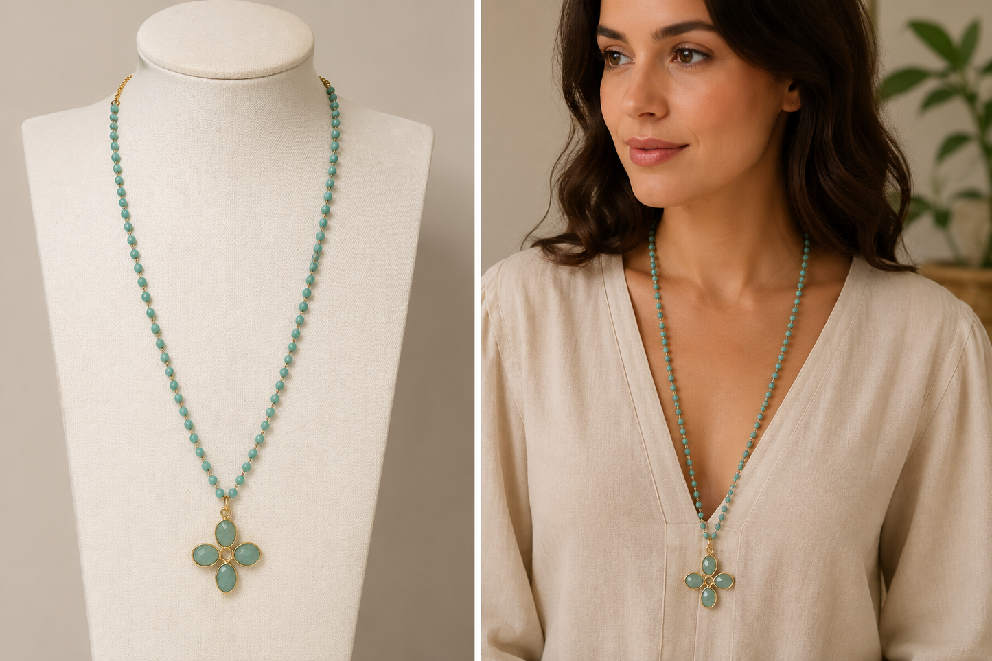 Collier long turquoise & Amazonite
