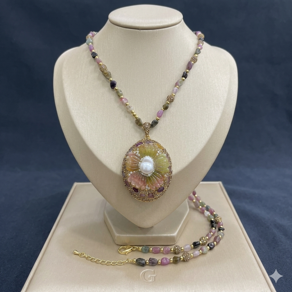 Collier Sautoir "Fleur Impériale" – Tourmaline Multicolore & Perle Baroque