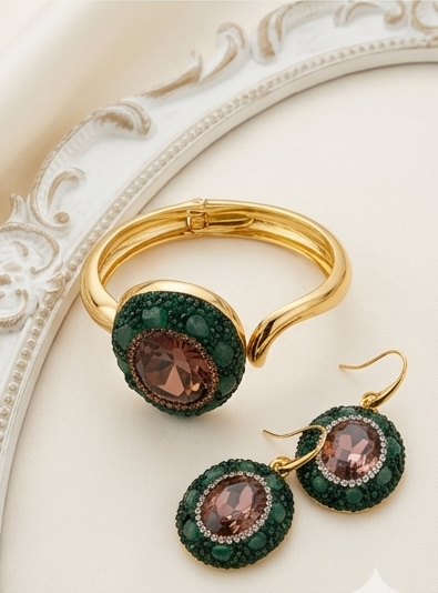 Boucles d’oreilles Forêt Verte - Zircon rose et Jade verte