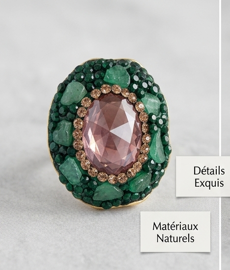 Bague « forêt verte « Zircon Rose & Jade verte «