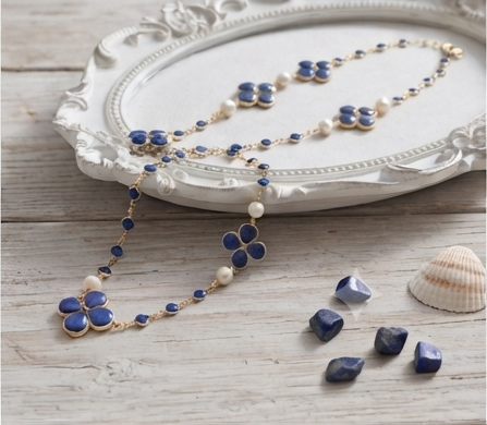 Collier Sautoir Fleur Bleue & Perles