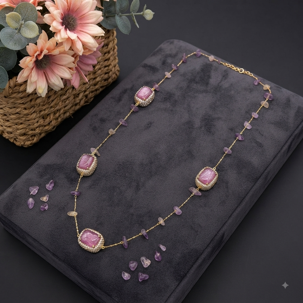 Sautoir Florence - Verre de tchèque & Quartz Rose
