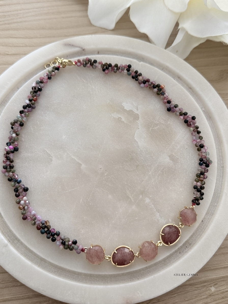 Collier Création KarlTourmaline & Quartz fraise rose