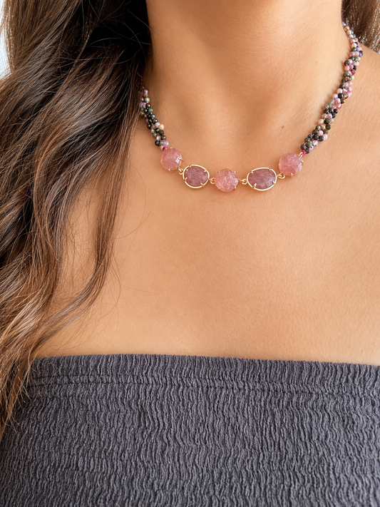 Collier Création KarlTourmaline & Quartz fraise rose