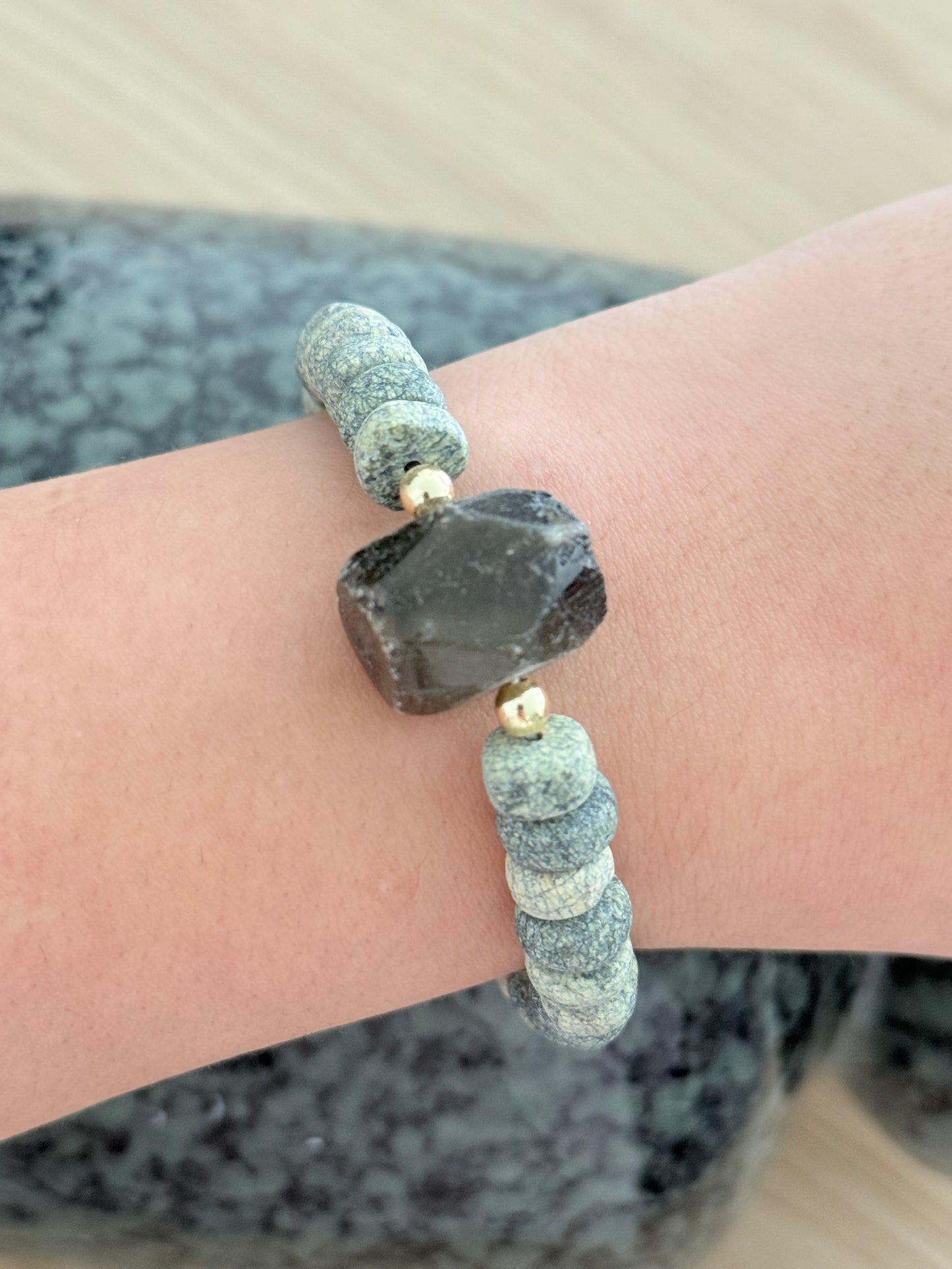 Bracelet serpentine & quartz fumé