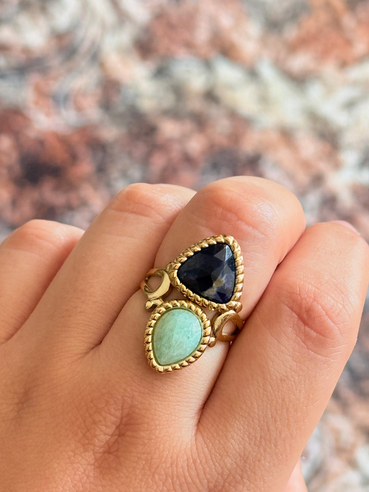 Bague Lorelai ~ 2 pierres naturelles, goutte et triangle