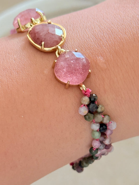 Bracelet Création Karl - Tourmaline et Quartz fraise rose