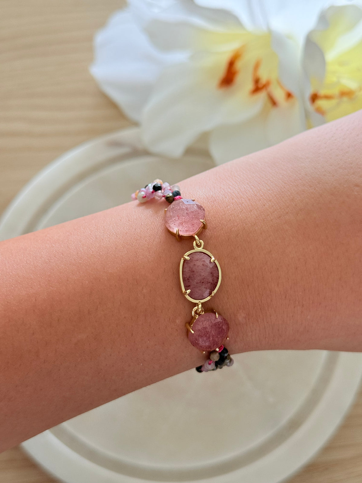 Bracelet Création Karl - Tourmaline et Quartz fraise rose