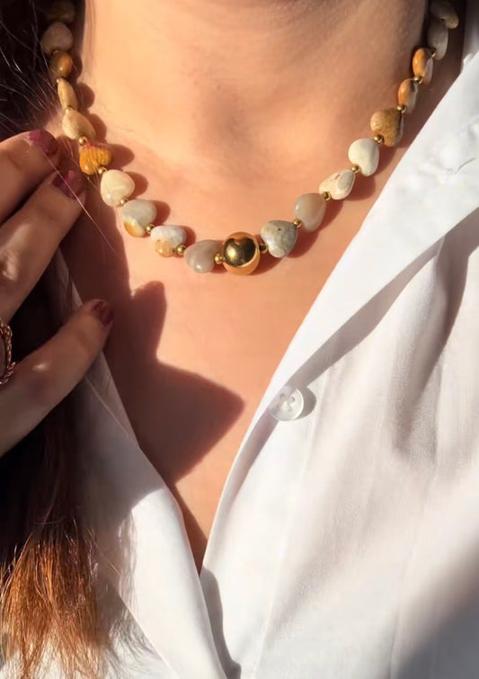 Collier en agathe miel et jaspe beige