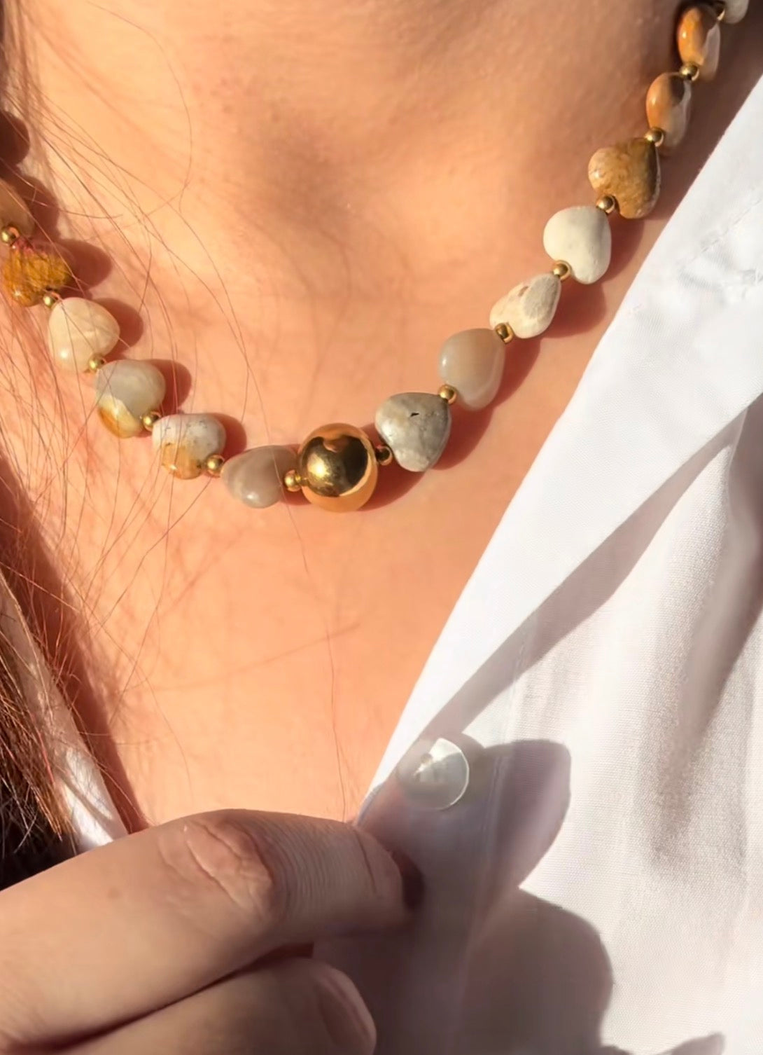 Collier en agathe miel et jaspe beige
