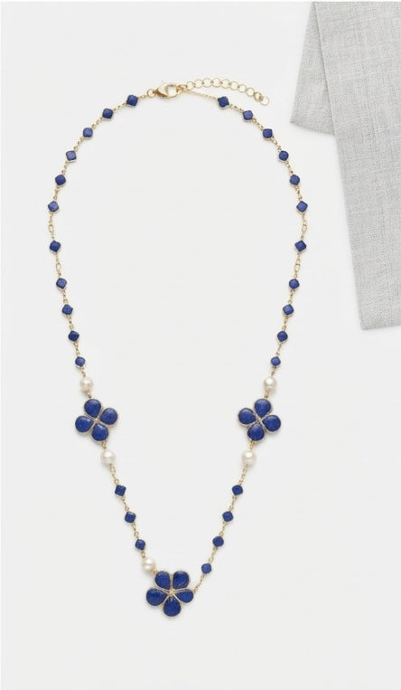 Collier Sautoir Fleur Bleue & Perles