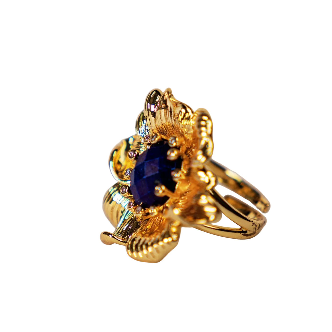 Bague Fleur Dorée avec Pierre Naturelle – Ajustable et Plaqué Or 18K