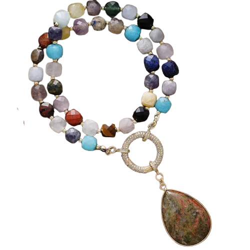 Collier Amaya - Multi Pierres et pendentif en Unakite