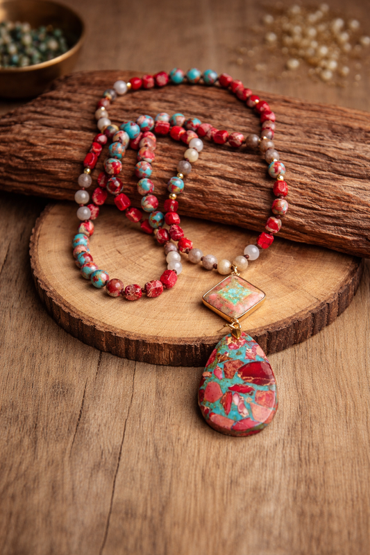 Sautoir Jaspe mosaïque rouge turquoise