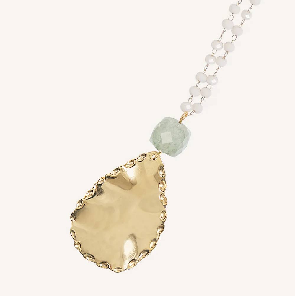 Sautoir goutte fait main : Nacre naturelle et Aventurine Verte