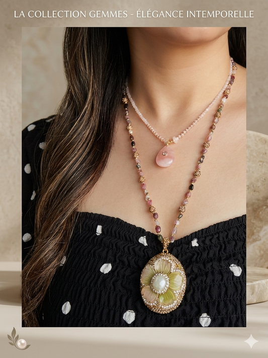 Collier Sautoir "Fleur Impériale" – Tourmaline Multicolore & Perle Baroque