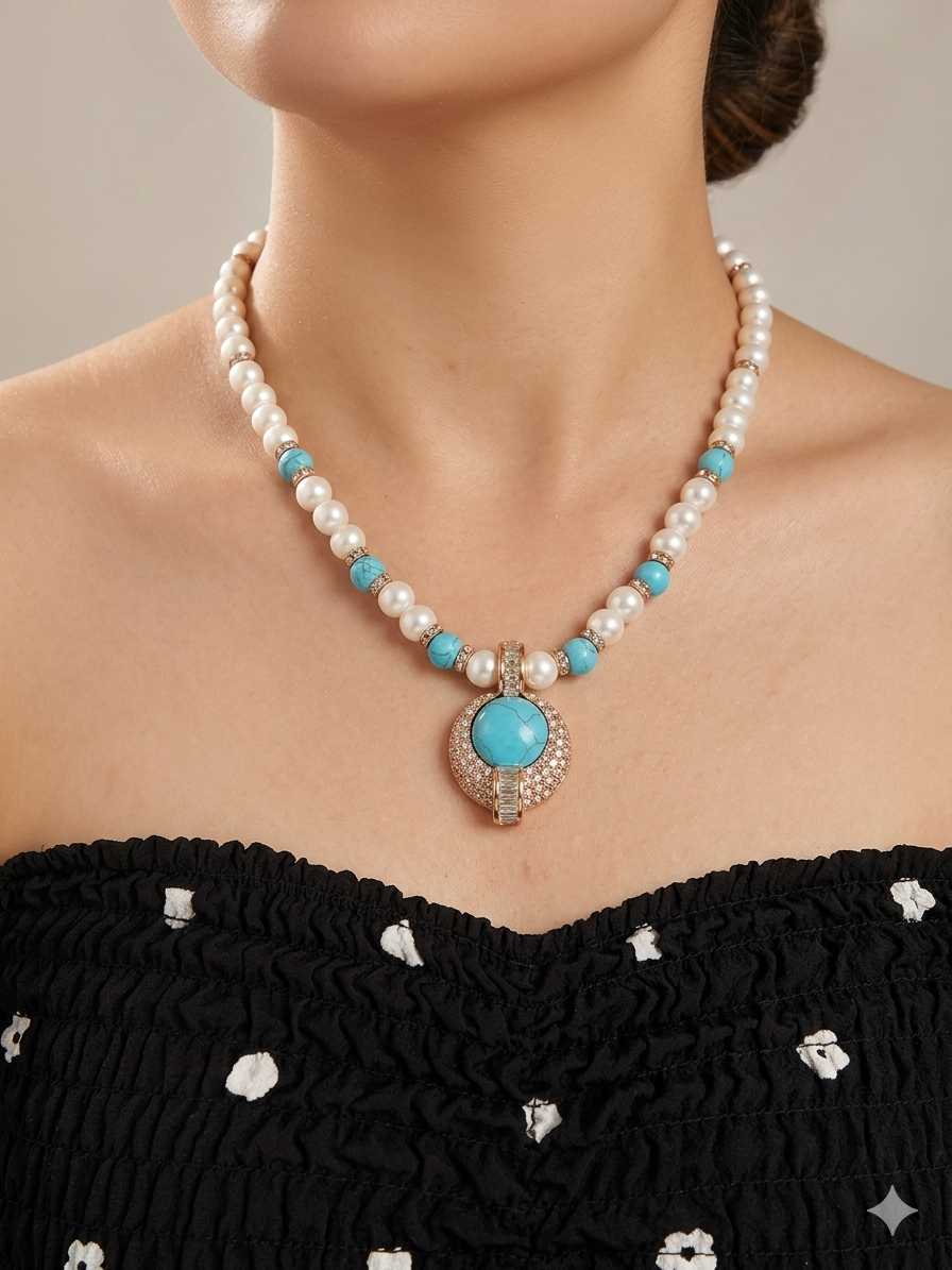 Collier de Perles Élégance Marine – Pendentif Turquoise Impériale & Cristaux Éclatants