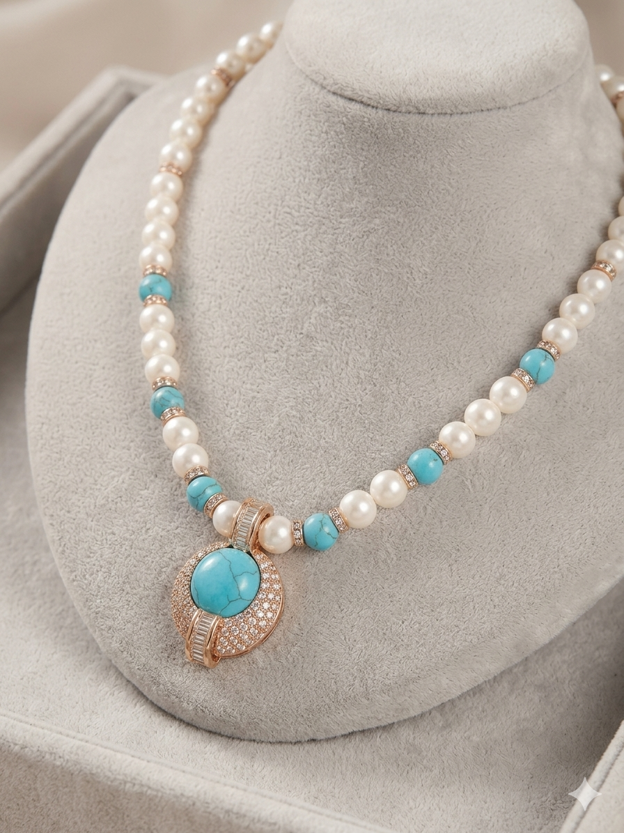 Collier de Perles Élégance Marine – Pendentif Turquoise Impériale & Cristaux Éclatants