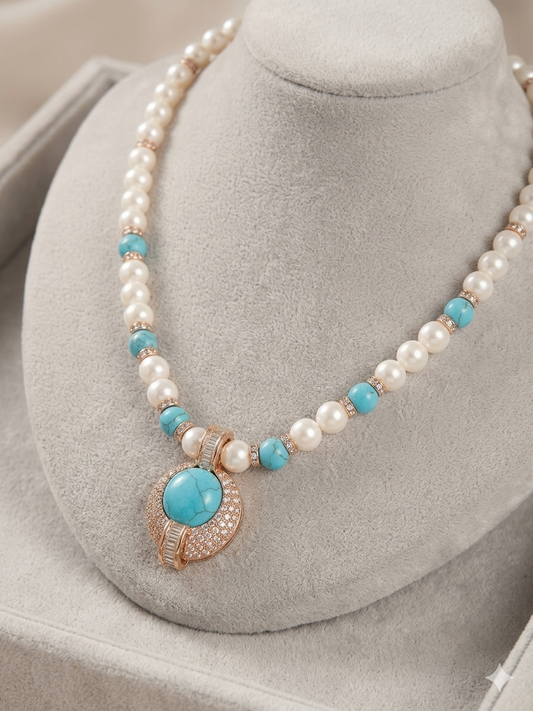 Collier de Perles Élégance Marine – Pendentif Turquoise Impériale & Cristaux Éclatants