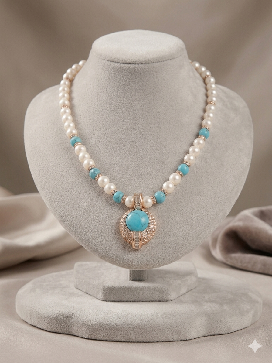 Collier de Perles Élégance Marine – Pendentif Turquoise Impériale & Cristaux Éclatants