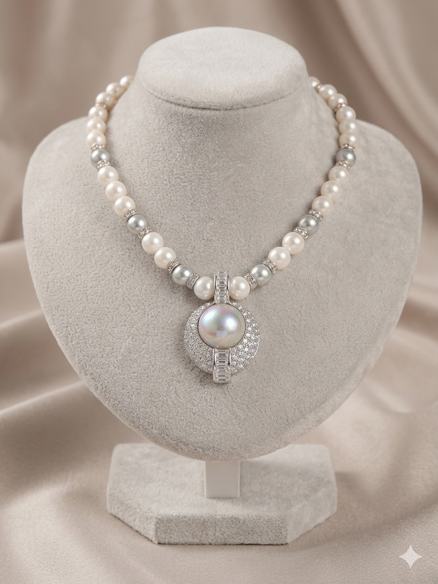 Collier de Perles Prestige – Pendentif Central Nacré & Pavage de Diamants de Culture