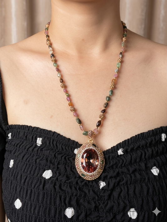 Sautoir tourmaline et Médaillon en Zircon Rose
