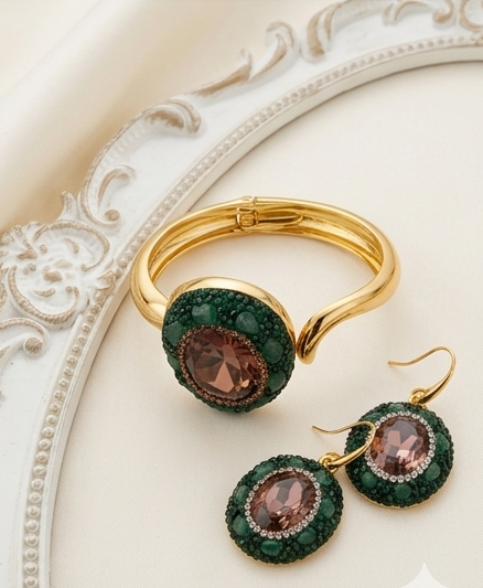 Bracelet Manchette Forêt Verte - Zircon Rose et JadeVerte