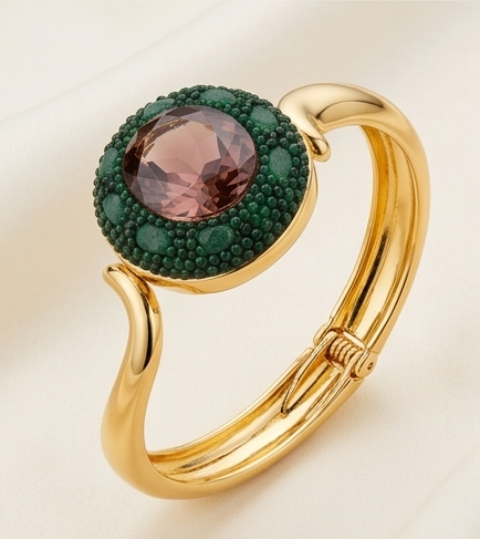 Bracelet Manchette Forêt Verte - Zircon Rose et JadeVerte