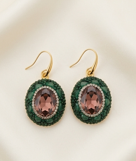 Boucles d’oreilles Forêt Verte - Zircon rose et Jade verte