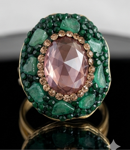 Bague «  forêt verte «  Zircon Rose & Jade verte «