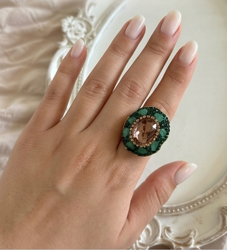 Bague «  forêt verte «  Zircon Rose & Jade verte «