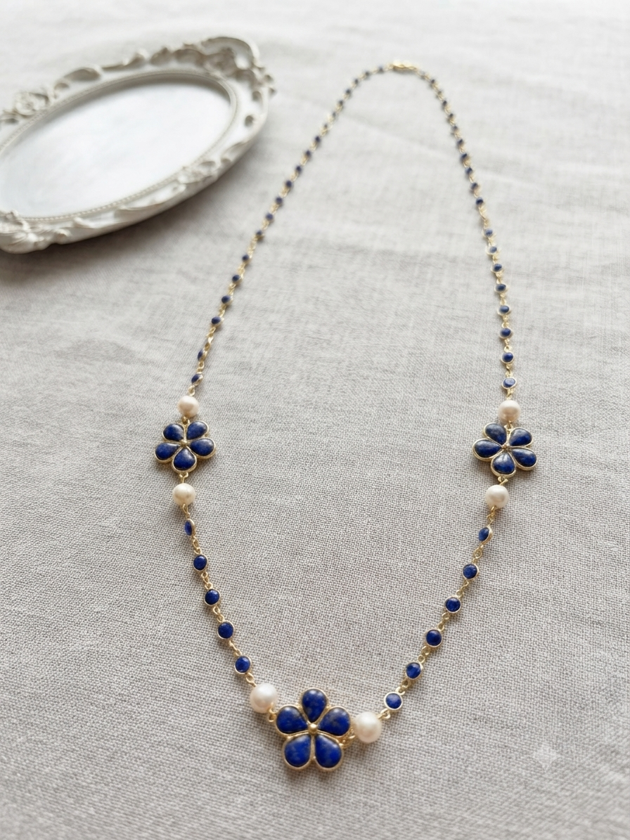 Collier Sautoir Fleur Bleue & Perles