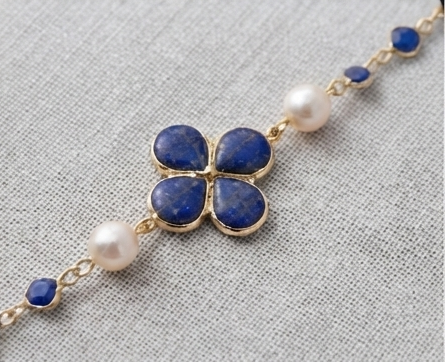 Collier Sautoir Fleur Bleue & Perles
