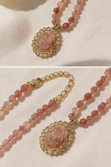 Collier "Aurore Dorée" en Quartz Fraise