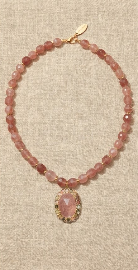 Collier "Aurore Dorée" en Quartz Fraise