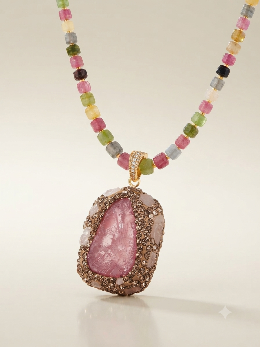 Sautoir Adelaïde ~ Tourmaline et pendentif en Verre Tchèque