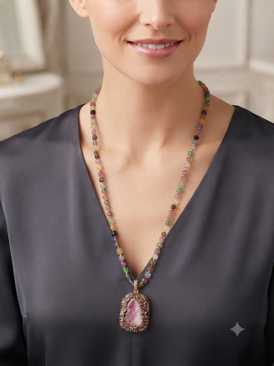 Sautoir Adelaïde ~ Tourmaline et pendentif en Verre Tchèque