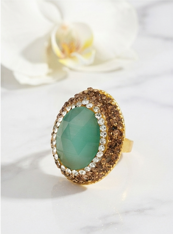 Bague Opulente — Vert d'Eau & Éclats Dorés