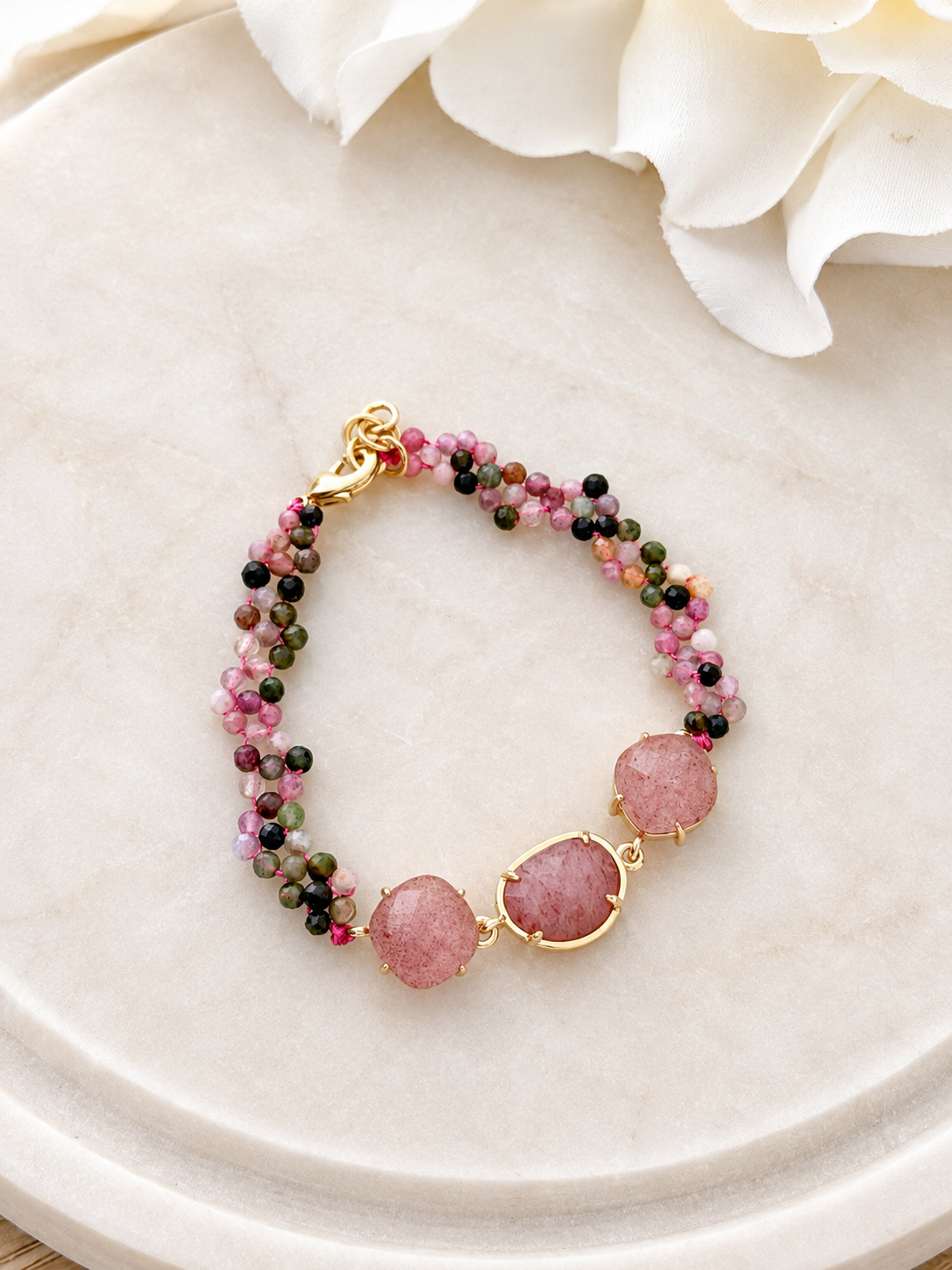 Bracelet Création Karl - Tourmaline et Quartz fraise rose