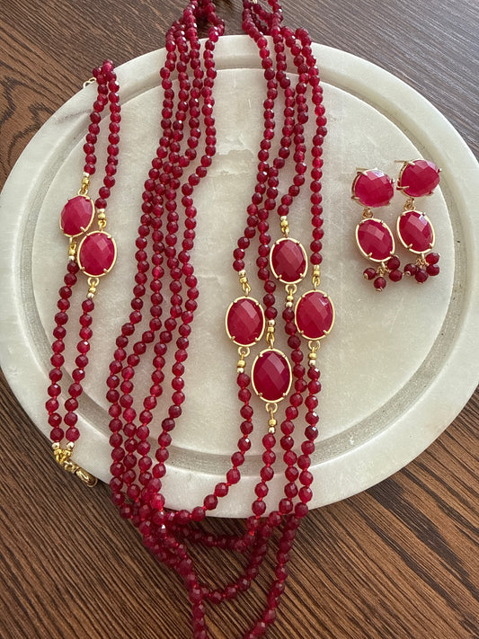 Ensemble Thalia - 3 rangs de perles en RUBIS du CACHEMIRE polies