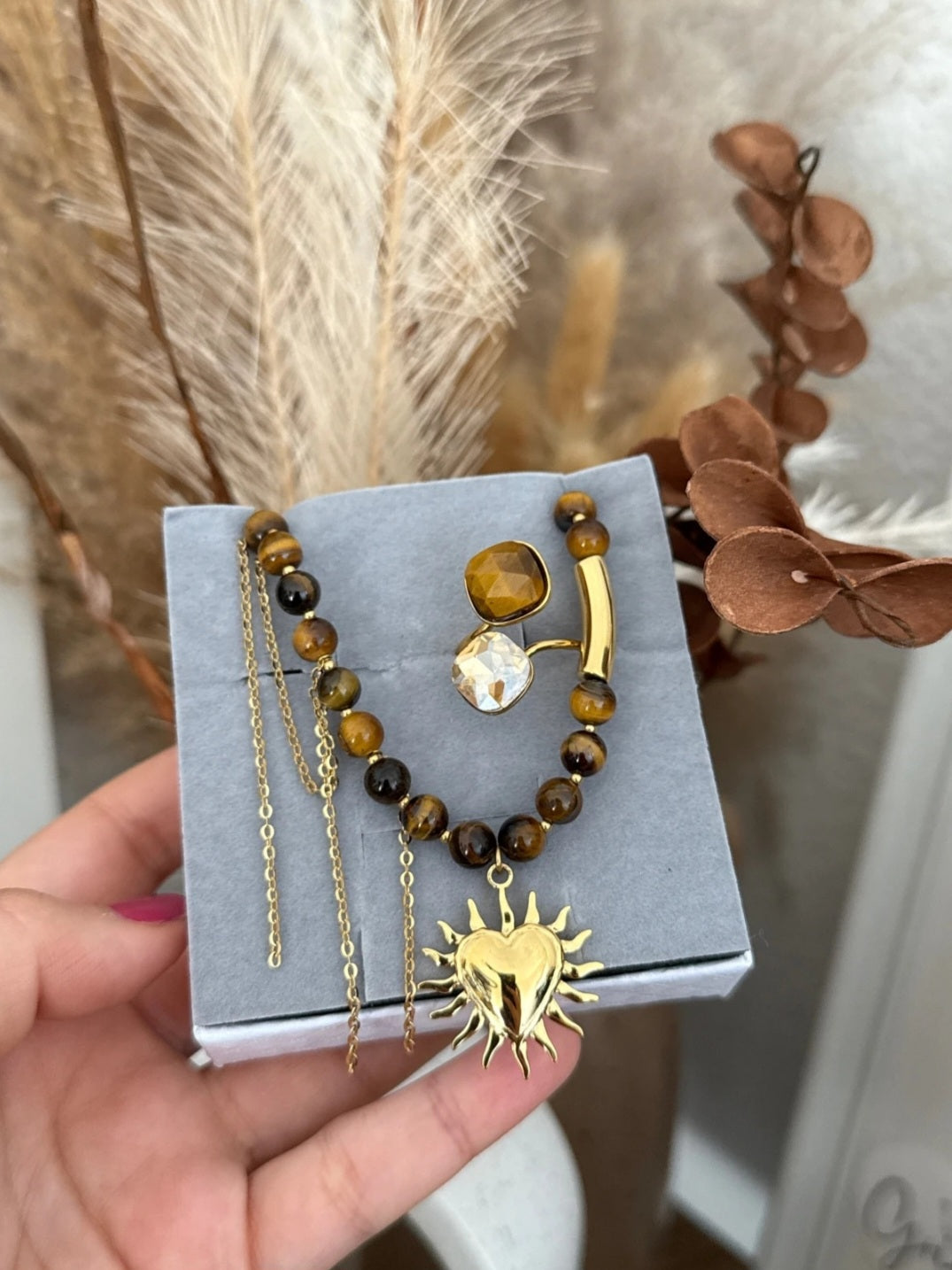 Coffret bijoux : Collier Œil de tigre & bague